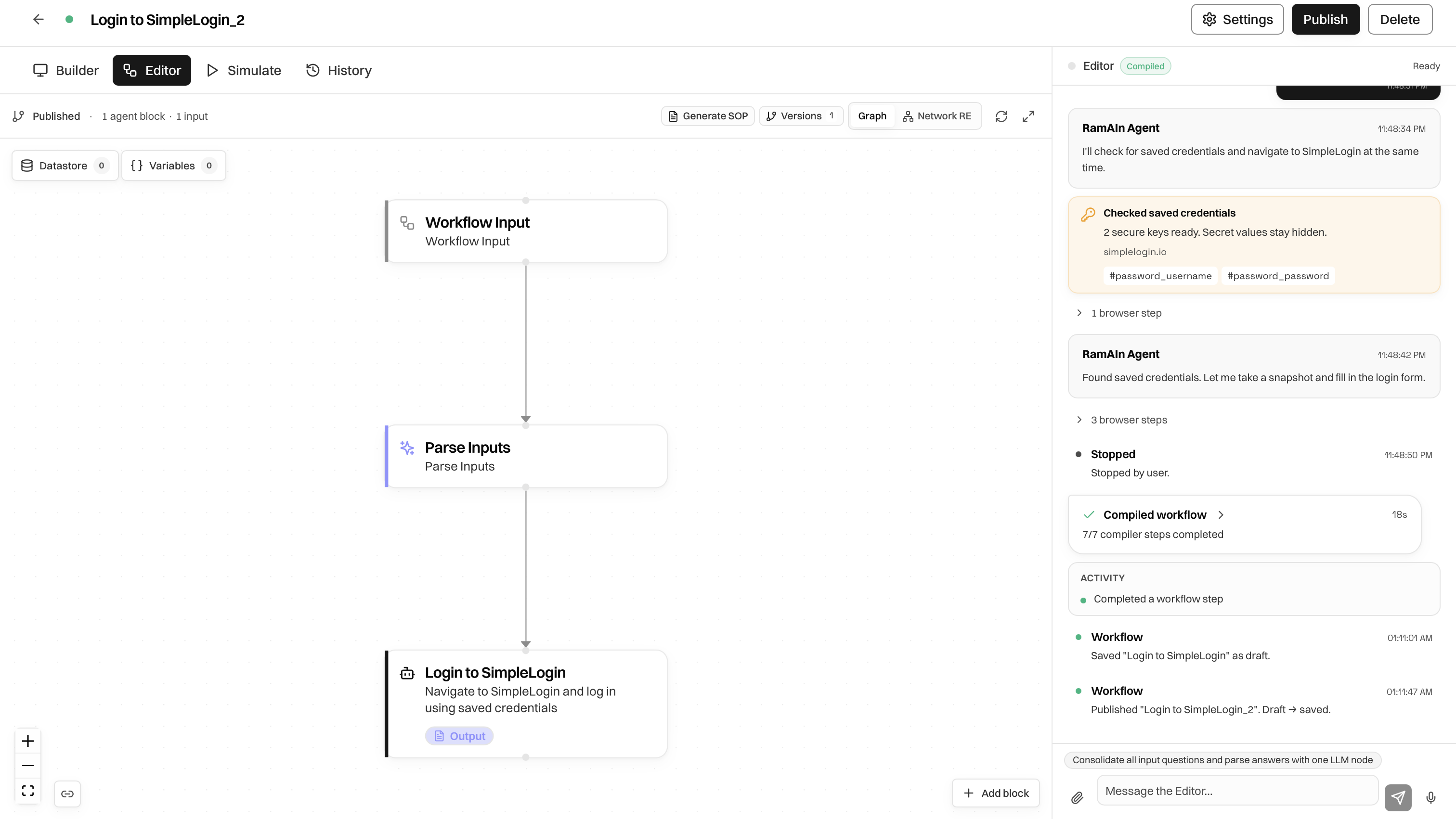 Ramain Editor showing a compiled workflow graph