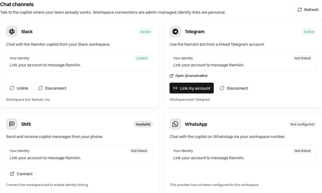 chat-channel cards showing Slack active and linked, Telegram active but not personally linked, and other provider states