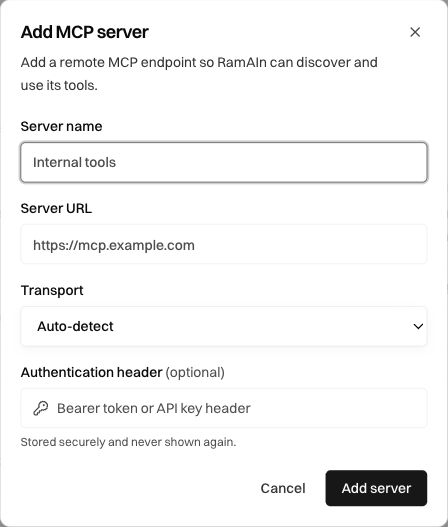 Add MCP server dialog showing Server name, Server URL, Transport, and a protected optional authentication header