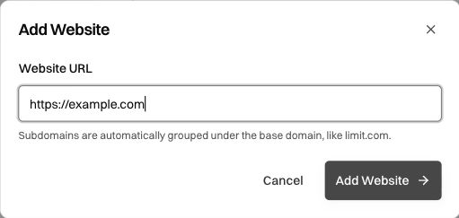 Add Website dialog with https://example.com entered as a documentation-only example