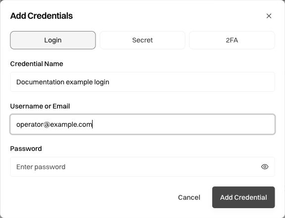 Login credential form with an example name and operator@example.com, leaving the password empty