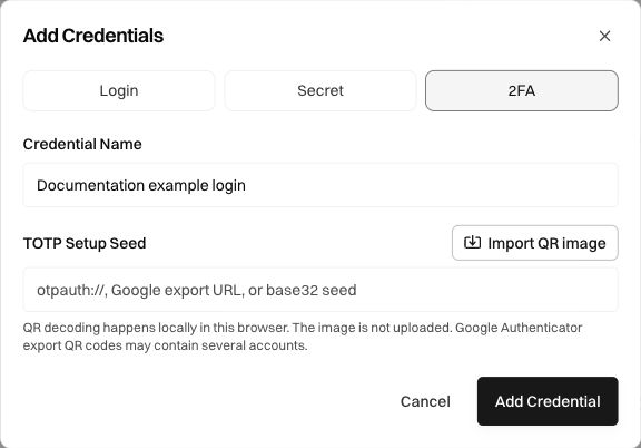 The 2FA tab showing TOTP Setup Seed and Import QR image