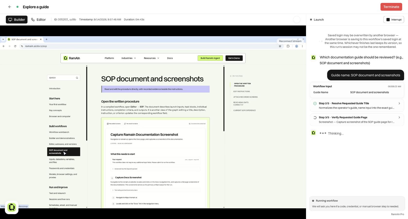 A live guide-review run showing its input table, parser step, and active browser task